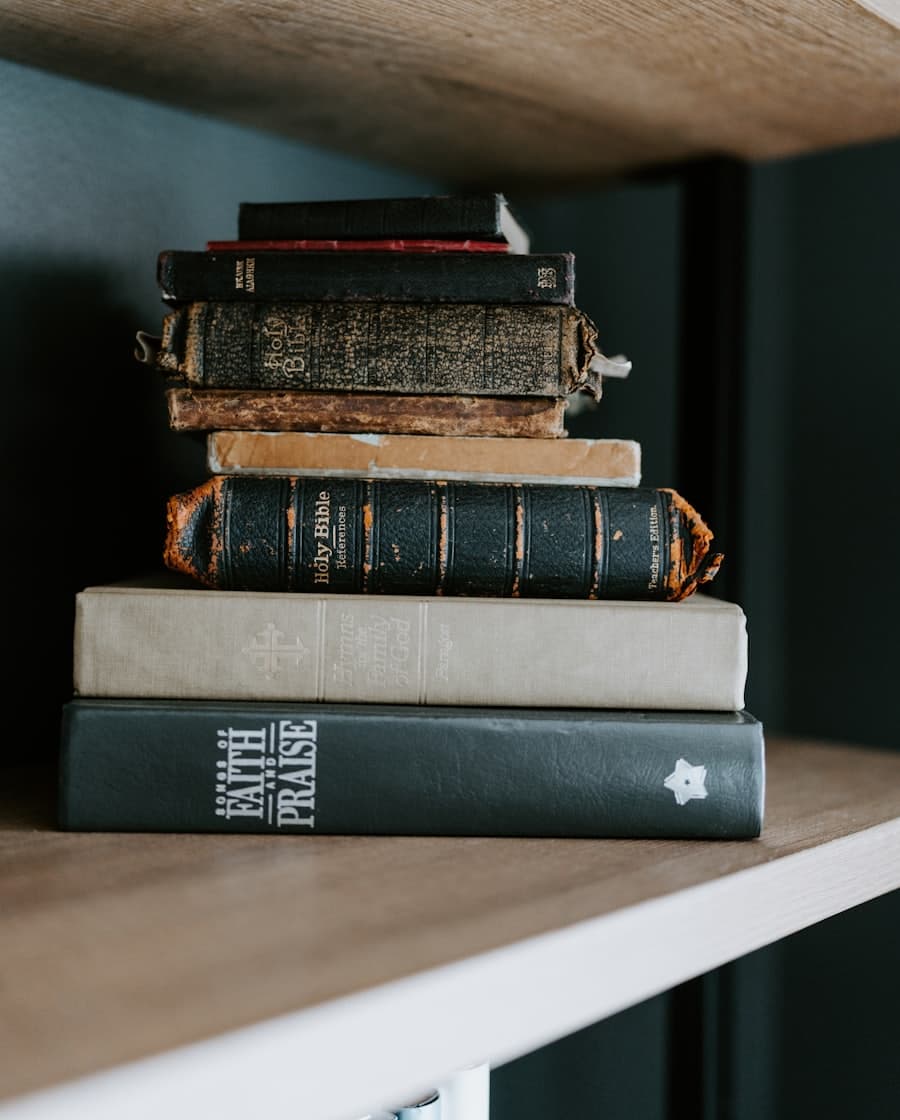 Books stacked on a shelf